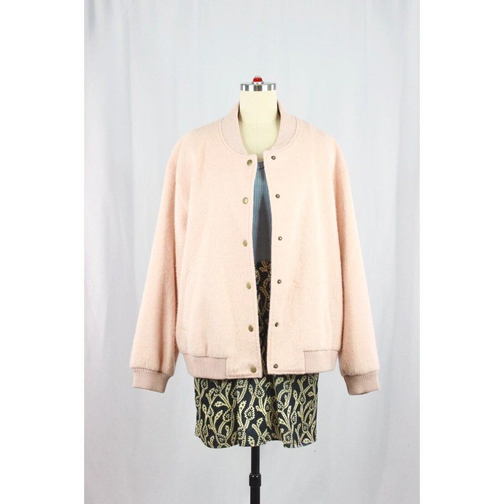 GANNI Inglewood Rose Smoke Pink Furry Wool Blend Varsity Bomber Jacket, Size L - Picture 3 of 15